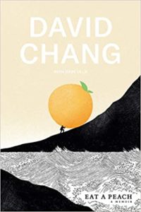 Silhouette of a person standing before a vast landscape with a peach substituting for the sun, set against a stylized backdrop, highlighting the book title 'david chang: eat a peach, a memoir'.