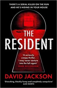 A book cover for "the resident" by david jackson featuring a bold, red-dominated design with ominous tones, highlighting critical praise and teasing a gripping thriller storyline where a serial killer is hiding in someone's house.