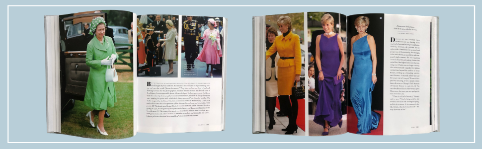 An open book laid flat, displaying a spread of photographs showcasing women in various elegant outfits at official events, with accompanying text that likely provides context or stories related to the images.