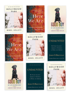 A collection of book covers with various titles, themes, and images, including a recurrent theme of memoirs and a cover featuring an adorable dog.
