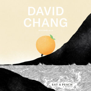 A book cover illustration for david chang's memoir "eat a peach," depicting a stylized mountain landscape with a peach substituting for the sun on the horizon, where a solitary figure stands looking towards it. the scene is rendered in a limited color palette that gives a serene and contemplative feel.