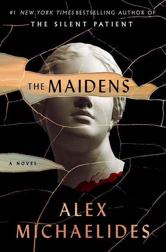 A gripping novel by alex michaelides, 'the maidens': a mix of classic art, mystery, and psychological intrigue, as signified by the fragmented statue and the hint of blood.