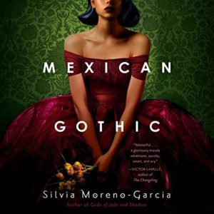 A woman in a striking red dress against a backdrop of lush greenery, encapsulating the enigmatic allure of "mexican gothic" by silvia moreno-garcia.