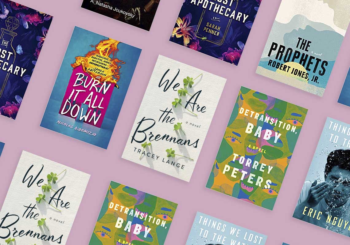 A collection of modern novels arranged in a scattered pattern on a pink background, showcasing a variety of book cover designs and titles.