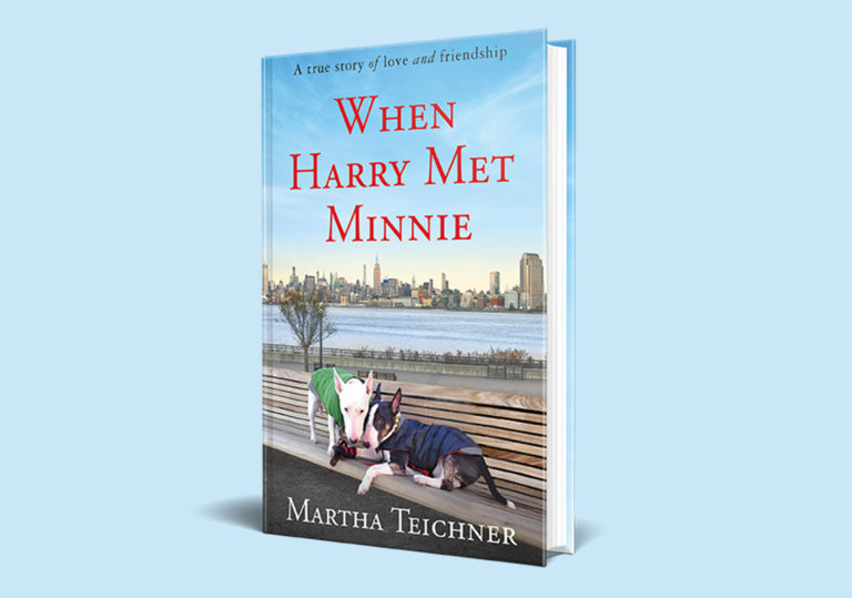 A heartwarming tale unfolds on the cover of 'when harry met minnie,' by martha teichner, featuring two bulldogs sharing a serene moment against the backdrop of an urban skyline.