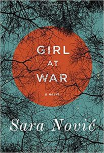 Book cover of 'girl at war' by sara nović with a stark contrast of dark tree branches against a fiery orange backdrop, symbolizing turmoil and resilience.