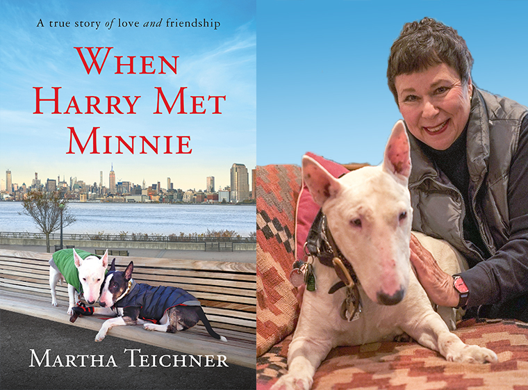 A heartwarming book cover showcasing a true story of love and friendship where two bull terriers, harry and minnie, are featured prominently, along with an image of the author, martha teichner, sharing an affectionate moment with one of the dogs.