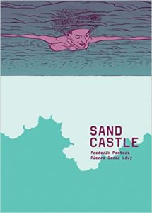 A vivid illustration of a person swimming with a reflected image, featured on the cover of the book 'sand castle' by frederik peeters and pierre oscar lévy.