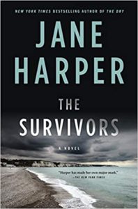 A book cover featuring the title "the survivors" by jane harper, with a bleak beach landscape under an ominous sky, evoking a sense of mystery and isolation.