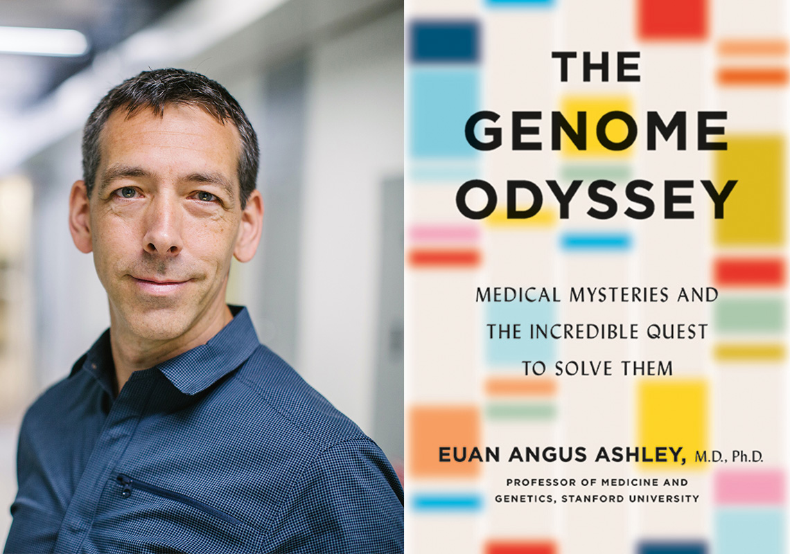 A professional portrait of a man with a confident smile, standing in an office environment, paired with the cover of a book titled "the genome odyssey" by euan angus ashley, highlighting the medical mysteries and the incredible quest to solve them.