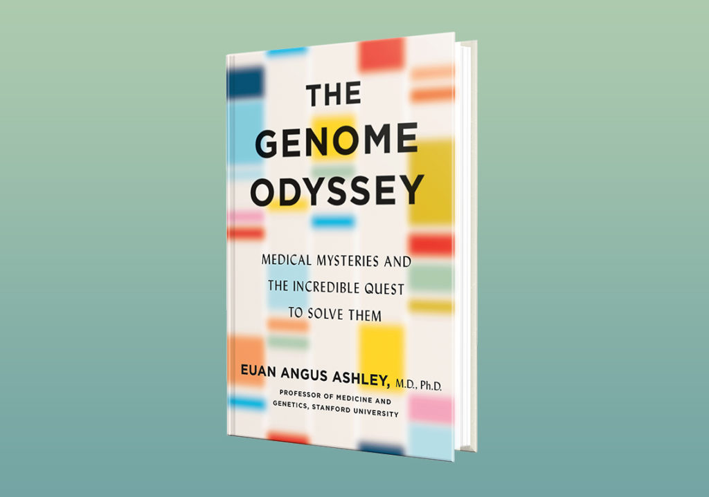 A book titled "the genome odyssey: medical mysteries and the incredible quest to solve them" by euan angus ashley, m.d., ph.d., professor of medicine and genetics, stanford university, displayed with a colorful, abstract design on the cover.