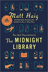 Cover of matt haig's novel 'the midnight library,' a new york times bestseller, featuring a stylized assortment of book spines representing different lives, with a central orange circle highlighting the book's title and author.