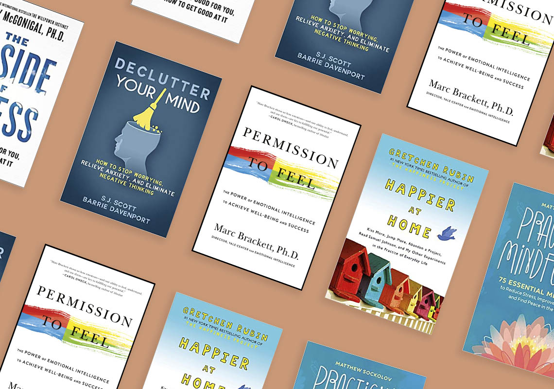 A collage of self-help and personal development book covers arranged in a pattern on a light background.