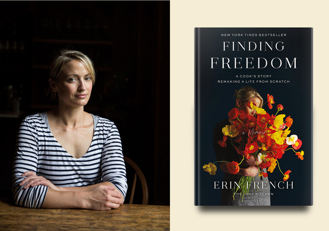 A contemplative woman in a striped top sits at a table, her gaze directed off camera, with a poised yet reflective demeanor, alongside the cover of 'finding freedom: a cook's story remaking a life from scratch' by erin french, suggesting a story of personal and culinary journey.