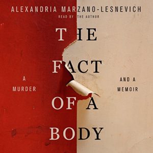 Audiobook cover design for "the fact of a body" by alexandria marzano-lesnevich, featuring a partially torn red paper revealing the white layer beneath with a cigarette stub placed at the edge of the tear.
