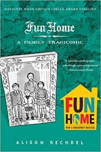 Book cover of "fun home: a family tragicomic" by alison bechdel, featuring a stylized illustration of a family portrait in a decorative frame.