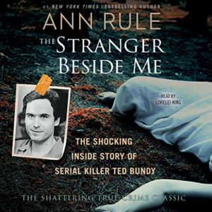 A gripping audiobook cover for 'the stranger beside me' by ann rule, featuring the haunting story of serial killer ted bundy set against a chilling backdrop with eerie hues.