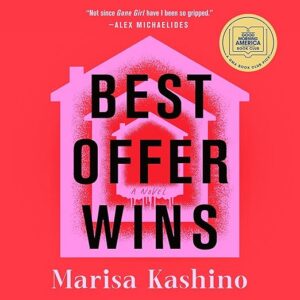 Book cover for "Best Offer Wins" by Marisa Kashino, featuring a house silhouette on a pink background.