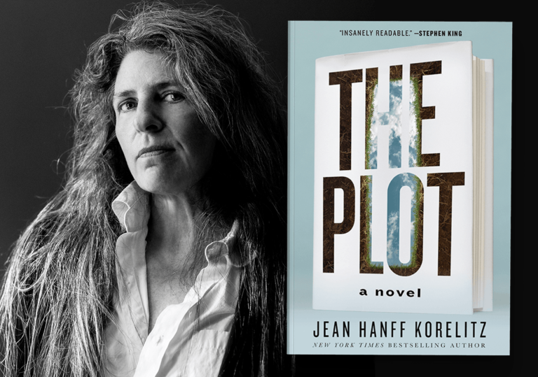 A contemplative woman with long, wavy hair gazes into the distance next to a graphic image of the book cover for "the plot" by jean hanff korelitz, which features a glowing title with a blurred forest background and a praising quote from stephen king.