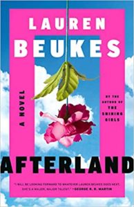 A captivating book cover with vibrant colors, featuring the title "afterland" by lauren beukes, with a graphic of a green leaf and a deep pink flower placed asymmetrically against a bright pink and blue background.