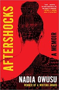 A vibrant book cover for 'aftershocks: a memoir' by nadia owusu, featuring a silhouette of a woman against a striking red and yellow background, suggesting themes of identity and personal history.
