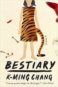 A woman with tiger stripes and a tail stands at the center of the image, which is the cover for the book "bestiary" by k-ming chang, featuring elements of magical realism as indicated by the fantastical fusion of human and animal characteristics. red feathers flutter around her, adding a dynamic and enigmatic quality to the design.
