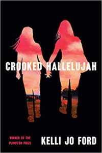 Two silhouetted figures, possibly depicting a mother and daughter based on their size and the act of holding hands, stand against a dark background with text above and below them, including the title "crooked hallelujah" by the author kelli jo ford.