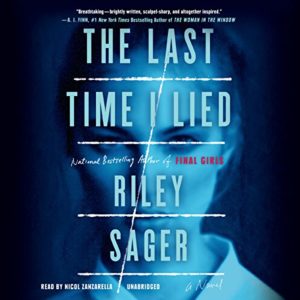 Audiobook cover design for "the last time i lied" by riley sager, featuring a fragmented image of a woman’s face with the title text overlaying it, suggesting mystery and suspense.