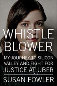Cover of 'whistleblower' by susan fowler, showcasing the author's face with a serious expression, symbolizing her courageous journey and fight for justice in silicon valley.