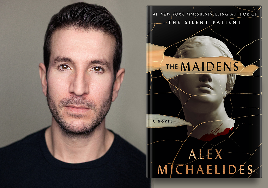 A man with short dark hair and stubble, looking directly at the camera with a focused expression, placed adjacent to the cover of the novel 'the maidens' by alex michaelides, featuring an image of a broken statue of a woman's face.