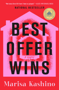 Book cover for "Best Offer Wins" by Marisa Kashino, featuring a house outline with bold black text inside.