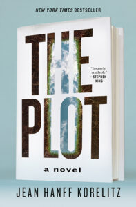 Book cover for "The Plot" by Jean Hanff Korelitz, with letters showing sky and grass, quote by Stephen King.