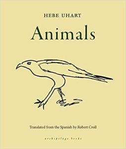 A simple yet evocative line drawing of a bird, the centerpiece of a book cover for hebe uhart's 'animals', translated from spanish by robert croll.