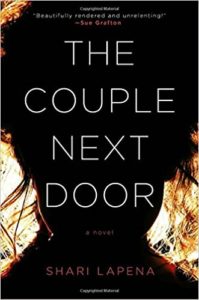 The couple next door" book cover by shari lapena, featuring a dark background with a suggestive shattered glass effect, hinting at a suspenseful or thrilling narrative within.