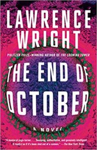 A book cover for "the end of october" by lawrence wright, featuring a vivid purple and pink background with what appears to be microscopic imagery, symbolizing themes related to disease or virology, hinting at the story's connection to a medical thriller or a pandemic.