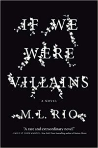 Cover of the novel 'if we were villains' by m.l. rio, featuring a clever design of figures that look like paper cut-outs of people arranged to form the letters of the title.