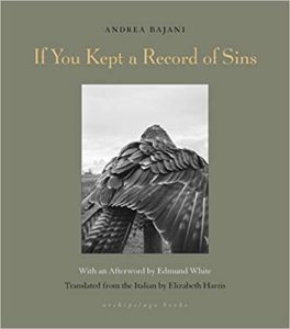 Cover of the book 'if you kept a record of sins' by andrea bajani, depicting a solemn black and white image of a bird with an intricate feather pattern.