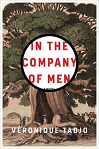 An artistic book cover illustration for "in the company of men" by véronique tadjo, featuring a large tree dominating the scene with scattered figures around the base, conveying a sense of community or gathering.