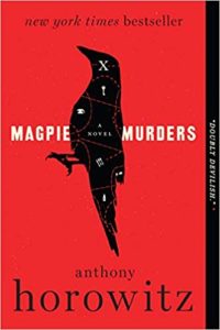 A striking book cover of "magpie murders" by anthony horowitz, featuring a silhouette of a magpie set against a bold red background with intriguing graphic elements hinting at a mysterious narrative.