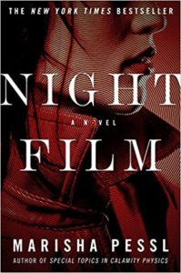 Cover of the novel 'night film' by marisha pessl, featuring a dark and mysterious theme with a close-up of a woman's face partially obscured by shadow and text.