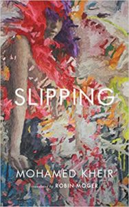 An abstract explosion of colors enveloping a pensive figure on the cover of 'slipping' by mohamed kheir.