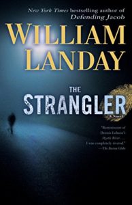 A dark and mysterious book cover featuring the title "the strangler" by william landay, with a foreboding atmosphere created by a silhouette of a person standing alone in a misty environment, hinting at the suspense and crime elements of the novel.