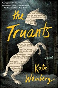 The cover of a novel titled "the truants" by kate weinberg, featuring a silhouette of a running giraffe over a background of text and a bold color.