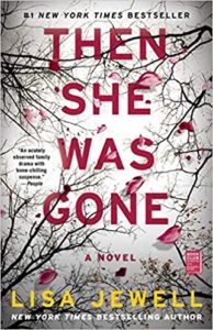 A book cover for the novel "then she was gone" by lisa jewell, featuring a stark white background with a silhouetted tree, its branches adorned with red leaves, possibly signifying mystery or drama.