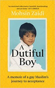 The cover of the book "a dutiful boy: a memoir of a gay muslim’s journey to acceptance" by mohsin zaidi, featuring the portrait of a young boy against a yellow background.