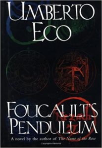 Book cover of 'foucault's pendulum' by umberto eco, featuring cryptic symbols and bold typography conveying mystery and intellectual intrigue.