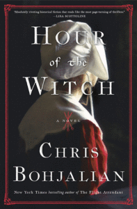 A mysterious and atmospheric book cover for "hour of the witch" by chris bohjalian, featuring the silhouette of a woman with her back turned, draped in a red cloak against a dark background, hinting at a historical and thrilling narrative.