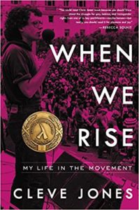 A passionate speaker advocating for change in front of an engaged crowd, with the empowering title "when we rise" indicating a personal story of activism and social movement.