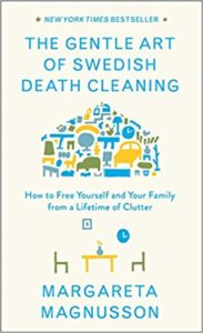 A book cover titled 'the gentle art of swedish death cleaning' by margareta magnusson, displaying a minimalist illustration of household items signifying decluttering and organization.