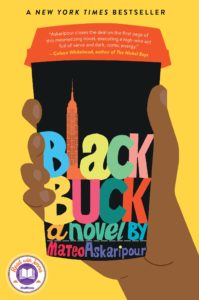 A gripping book cover featuring a hand holding up a vibrant title "black buck" against a backdrop of a city skyline, teasing a high-stakes tale as endorsed by a bestselling author.